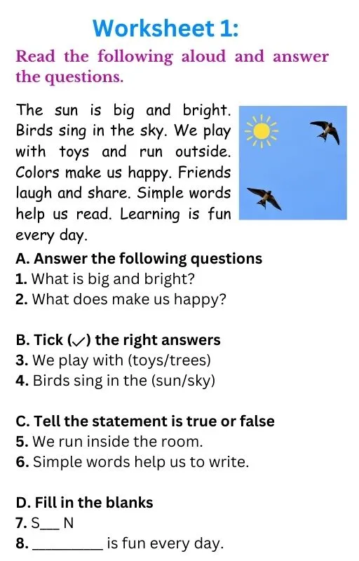 kindergarten Reading comprehension worksheets 1